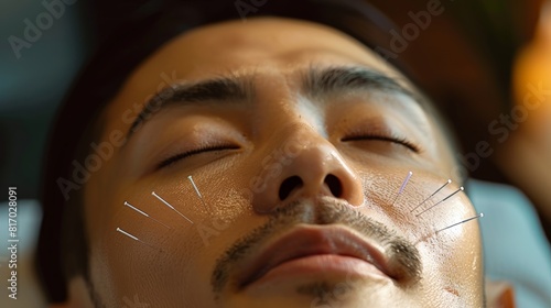 A closeup of a face receiving a modern acupuncture treatment , men 