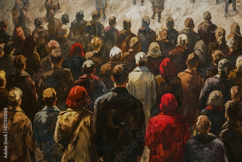 Artistic depiction of a faceless crowd in earthy colors, evoking a sense of unity