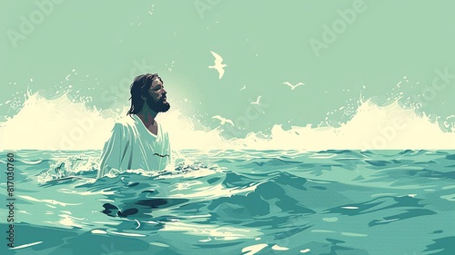 A serene and minimalistic illustration of Jesus being baptized, featuring a peaceful depiction of Jesus in the water during the baptism scene, characterized by simplicity 