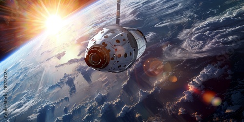 A spaceship is flying in space with the Earth in the background. The spaceship is mostly white with some red and blue markings.