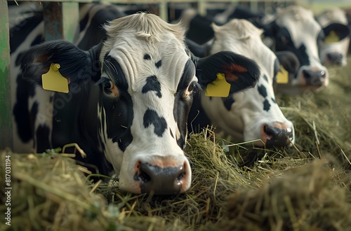 Herd of dairy cows grazing in a lush green meadow on a peaceful idyllic farm landscape