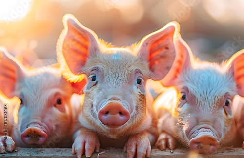 Closeup of Adorable Baby Piglets in a Rustic Farm Pen with Blurred Background