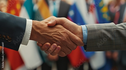 Politicians from different nations shaking hands at a summit, close up on the handshake, concept of diplomacy, realistic, Blur background, government building backdrop