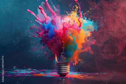 A dynamic and vibrant explosion of colors from a shattered light bulb represents creativity and innovation. Perfect for artistic, design, and inspirational purposes