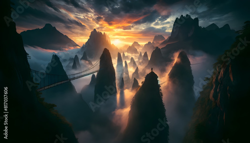 mountainous landscape with multiple suspension bridges connecting peaks shrouded in mist, during a dramatic sunrise.