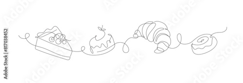 Bakery desserts cake, croissant, cupcake linear style silhouette drawing on white background