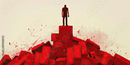 Unleashing Potential: A Magnificent Red Figure Elevates Barren Bricks to New Heights, Signifying the Strength and Tenacity to Create Better Foundations.