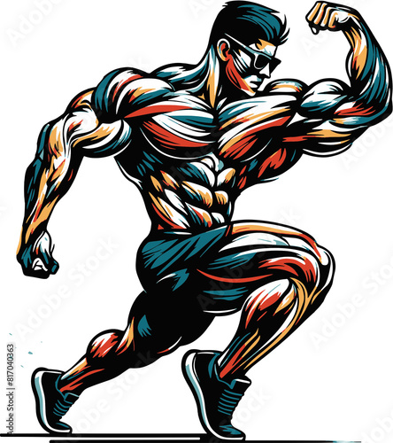 Strikte, farbenfrohe Illustration eines muskulösen Bodybuilders in Pose