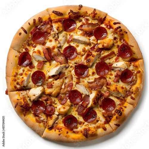 Pizza top view isolated - A mouthwatering pizza topped with pepperoni sausage and mushrooms