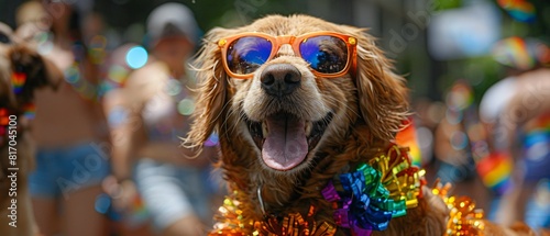 Dog wearing bright orange glasses Wear it around your neck with a rainbow necklace. Pets celebrating LGBTQ pride month in a city full of people
