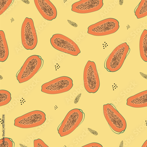 Seamless pattern with papaya fruit. Bright colorful fruits on a beige background. Half a fruit. Tropical and exotic. Fashionable template for design. Vector.