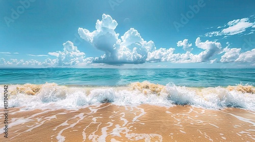 beach bathed in sunlight stretches beneath a bright blue sky with fluffy clouds