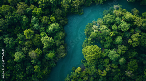 top view of green forest and blue winding river