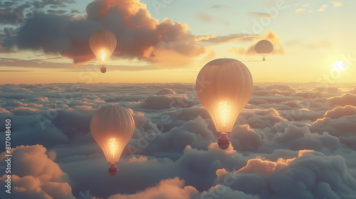 Glowing light bulbs in hot air balloons floating above the clouds in a beautiful sky during the golden hour, in a dreamy, peaceful, serene style.