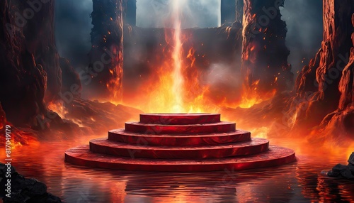 red podium with stages on hell background. Floating lava and fire