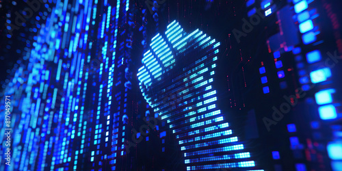 Electric Blue: A computer screen flickers with an iconic image of a raised fist, the pixels forming a rallying cry for change