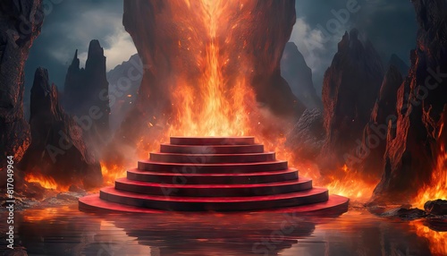 red podium with stages on hell background. Floating lava and fire