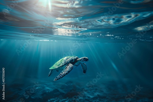 Long shot of a sea turtle in the ocean.
