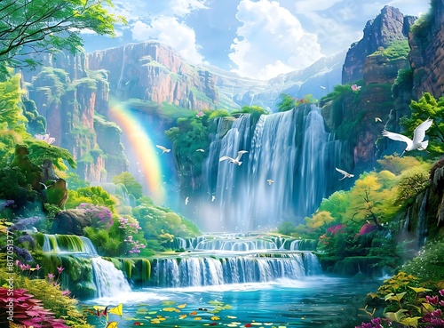 beautiful nature scenery background with beautiful waterfalls, green mountains and blue sky with rainbow in the middle of sunny day, white cranes flying above river, 