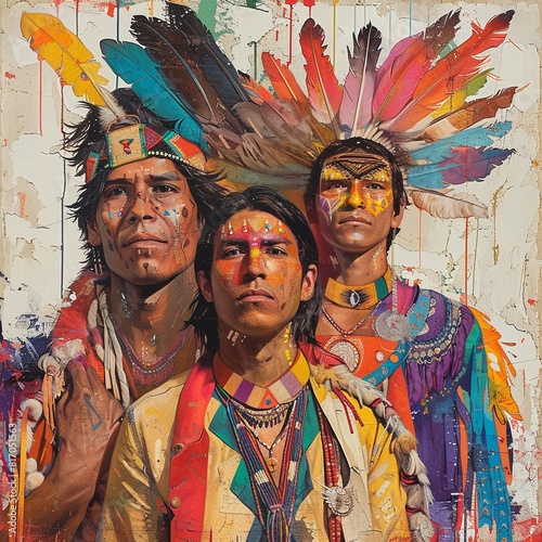 Three Native American men in traditional dress with elaborate feather headdresses.