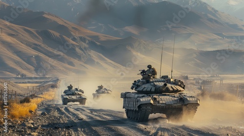 Modern tanks and armored vehicles roll through a desolate landscape, their presence a testament to the power and technology of contemporary warfare.