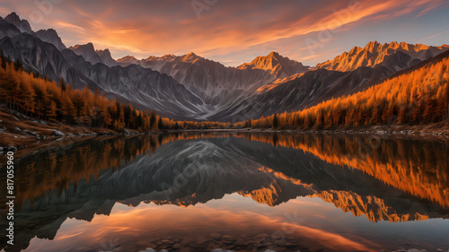  a breathtaking autumnal scene at sunset, where the golden hues of larch trees on the lakeshore are mirrored perfectly in the calm waters, set against the rugged backdrop of towering, shadowed mountai