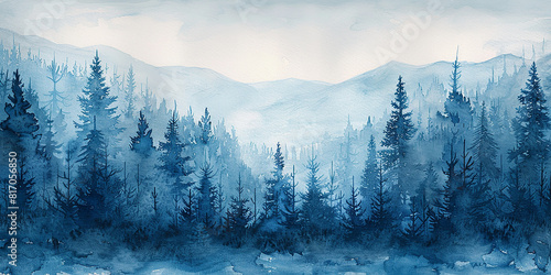 Watercolor panorama of the fir forest. Magical winter forest 