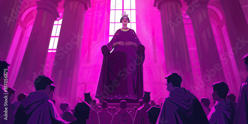 Royal Purple: A queen stands proudly atop a throne, her subjects bowing before her in reverence