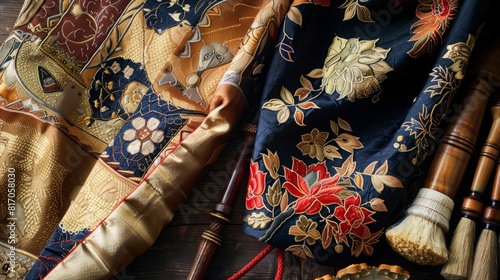 A person wearing a Japanese kimono is shown. The kimonos vibrant colors and intricate patterns are on full display.