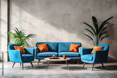 3D rendering of a modern living room interior with a beige wall mockup, a blue armchair and sofa with orange pillows near a coffee table on a concrete floor in a home decor background