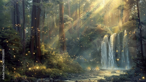 Composition with tendrils of mist through redwoods and waterfalls punctuated by sunlight and fireflies background