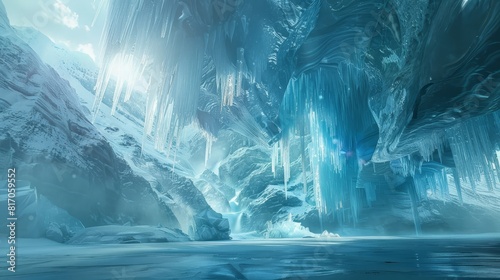 Frozen wonderland: midnight sun frozen waterfalls shimmering glaciers background
