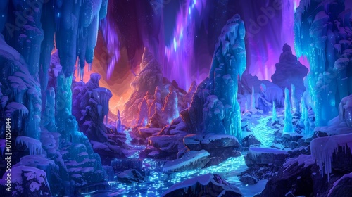 Whimsical ice caverns and sculptures bioluminescent glow summer night background