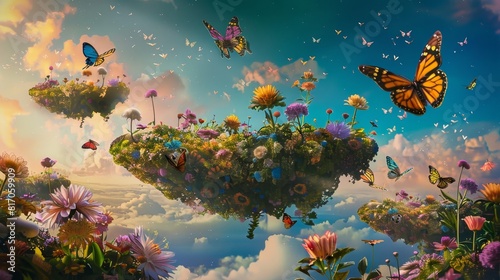 Vibrant flowers and butterflies on floating islands whimsical charm background