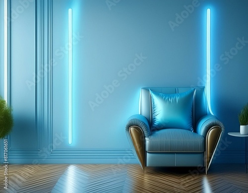 blue interior with couch and neon lamps on the wall