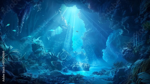 Underwater cavern illuminated by bioluminescent life background