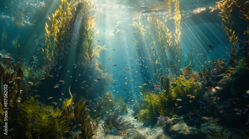 Underwater garden with kelp forests vibrant reefs sunlight background