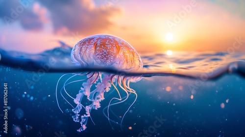 Beautiful isolated jellyfish swimming gracefully near the beach