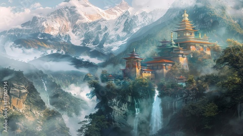 Tranquil mountain sanctuary with hidden temples & serene waterfalls background