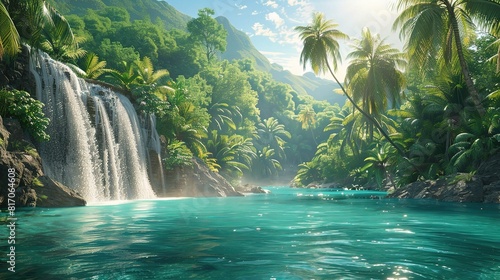 Tropical waterfall cascades over rocks into a clear pool in a lush jungle forest