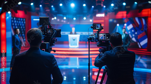 'Action shot of camera crew capturing an intense debate on a political TV show' 