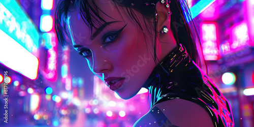 A cyberpunk femme fatale, adorned in latex and neon lights, prowls the streets, her presence commanding attention despite the technological overload