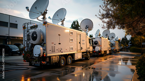 'Wide shot of a satellite news truck parked outside, with dishes extended' 