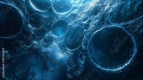 Underwater scene with air bubbles of various sizes floating upwards.