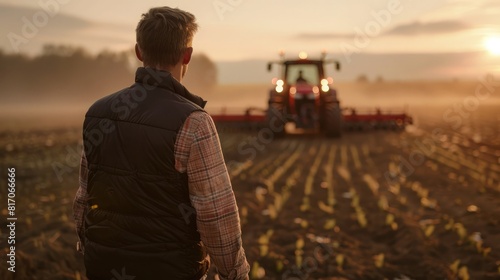 Man with short brown hair,and a black vest is walking on his agricultural field in the evening,with tractor in the background,lights on tractor are turned 