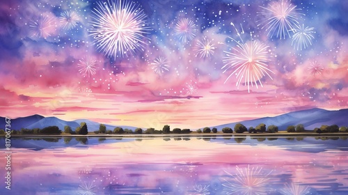 Vibrant watercolor painting of a Fourth of July fireworks display over a serene lake, reflections shimmering in the water, evening light