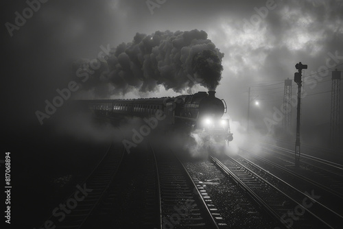 Vintage steam-powered locomotive chugs along a railway track shrouded in thick fog, creating atmospheric scene