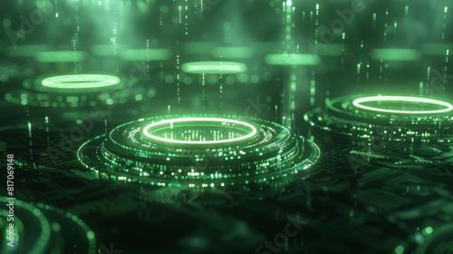 The image is a circuit board with green lights. It is a futuristic and technological looking image.