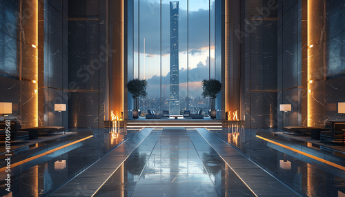 Illustrate a minimalist, futuristic skyscraper lobby with floating holographic displays at human eye level, emphasizing a sense of depth and modernity