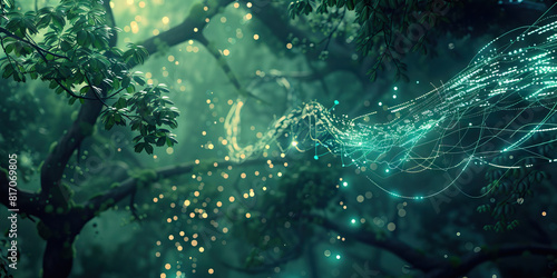 A cybernetic organism, fused with technology and nature, glitches out in the forest, its bioluminescent tendrils weaving through the canopy